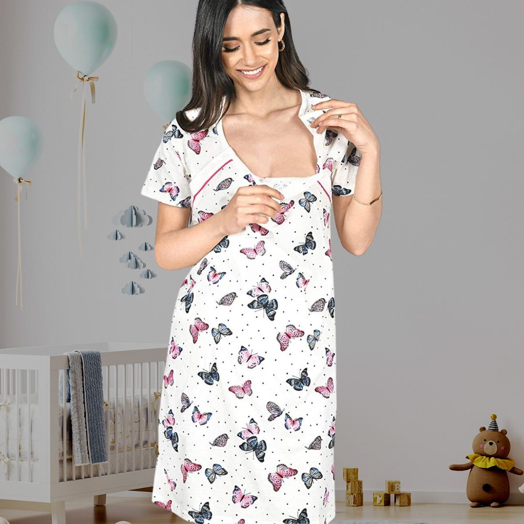 Chemise de nuit allaitement coton avec motif papillon