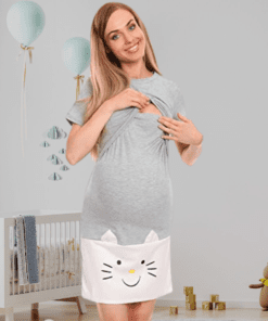 Blouse de nuit allaitement manches courtes grise avec motif de chat